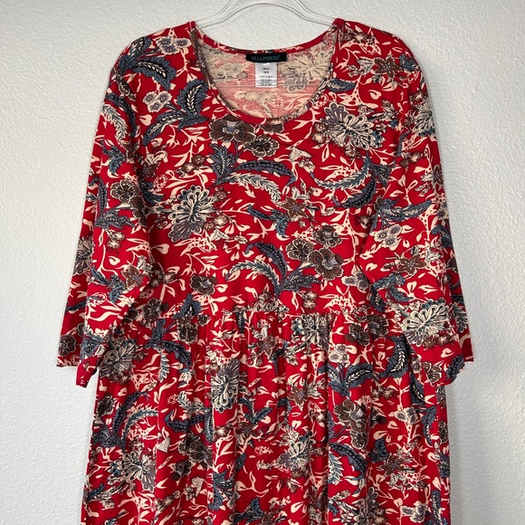 Ulla Popken size 16/18 midi dress Shaped A-line fit 3/4 sleeve red floral cotton - Picture 3 of 10
